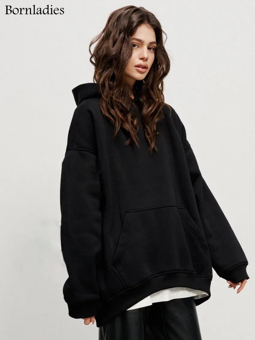 Bornladies store hettegensere og gensere for kvinner høst vinter tykke varme fleecegensere jenter streetwear løs genser: M / Svart