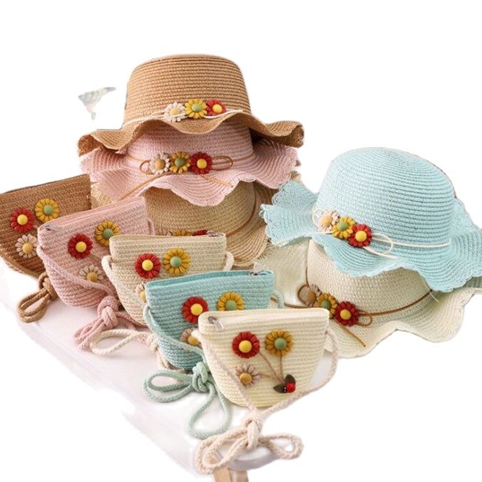 Chapeau et sacs en paille à fleurs pour enfants, ensemble deux pièces décontracté pour filles, sac à bandoulière + chapeau de soleil pour bébé, plage, panama, gorros