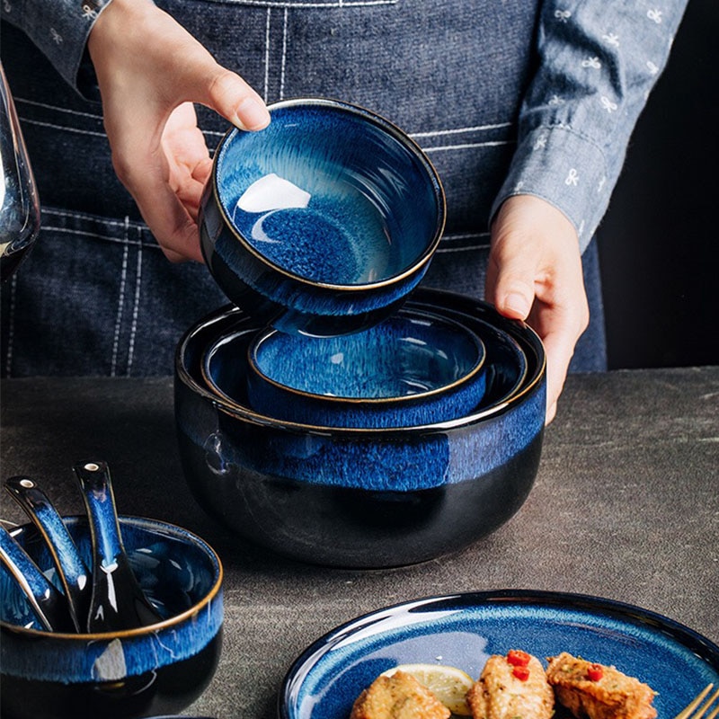 KINGLANG Japanese Style Star Blue Color Kiln Glazed Ceramic Rice bowl Udon Ramen Soup Bowl