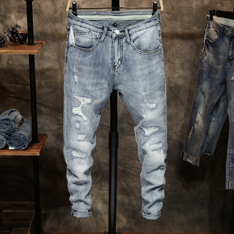 Zerrissene Jeans für Männer Dünne Licht Blau Grau strecken Dünne Bein Streetwear betrübt Moto Radfahrer Jeans Männlichen Denim Hosen Hüfte hüpfen