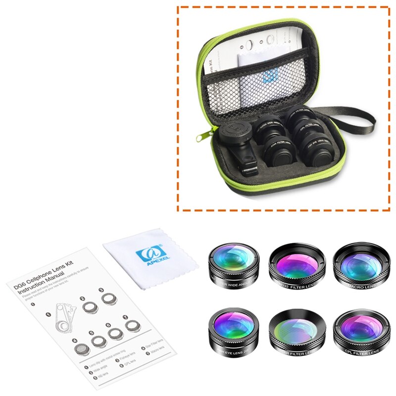 APEXEL 6In1 Kit Camera Lens Photographer Mobile Phone Lenses Kit Macro Wide Angle Fish Eye CPL Filter for iPhone Xiaomi Mi9