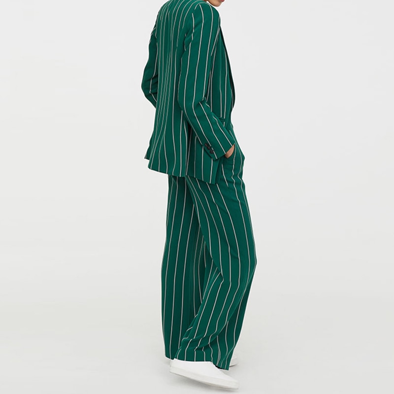 Kvinder buksedragter 2 stykke sæt stribet grøn blazer og jakke vintage stribede brede ben bukser kvinder smarte outfit dragter