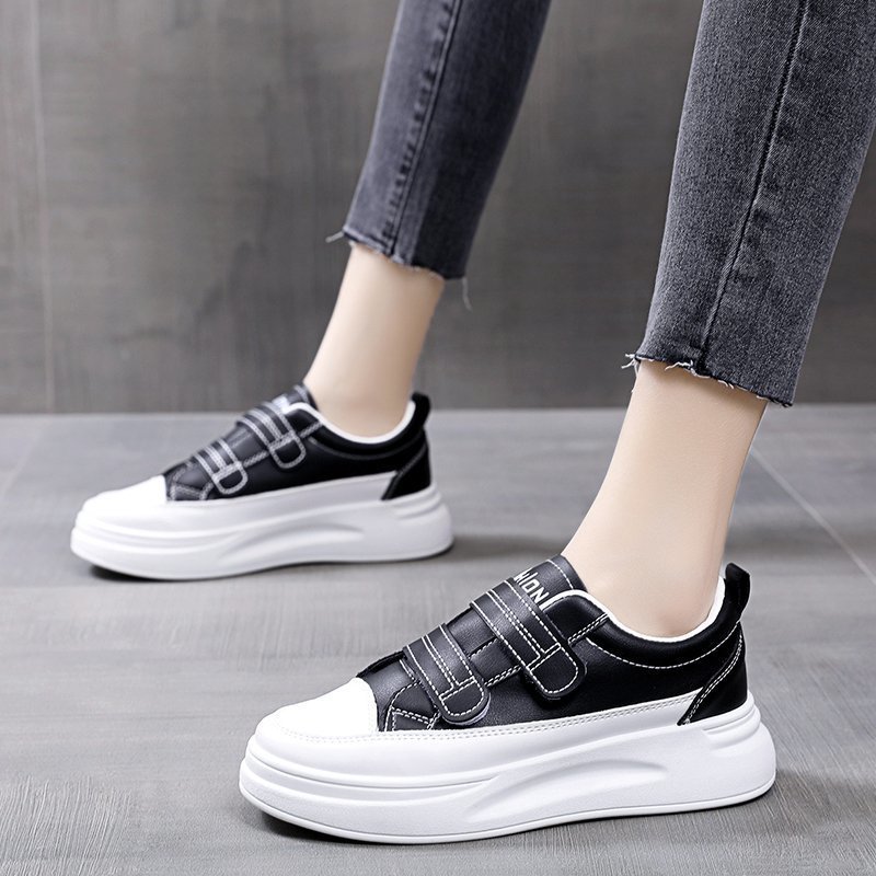 Casual Sport Vrouwen Platte Mode Dames Witte Schoenen Vrouwen Sneakers Antislip Flats Vrouwelijke Zacht Leer Vrouwen gevulkaniseerd Schoenen: Black / 38