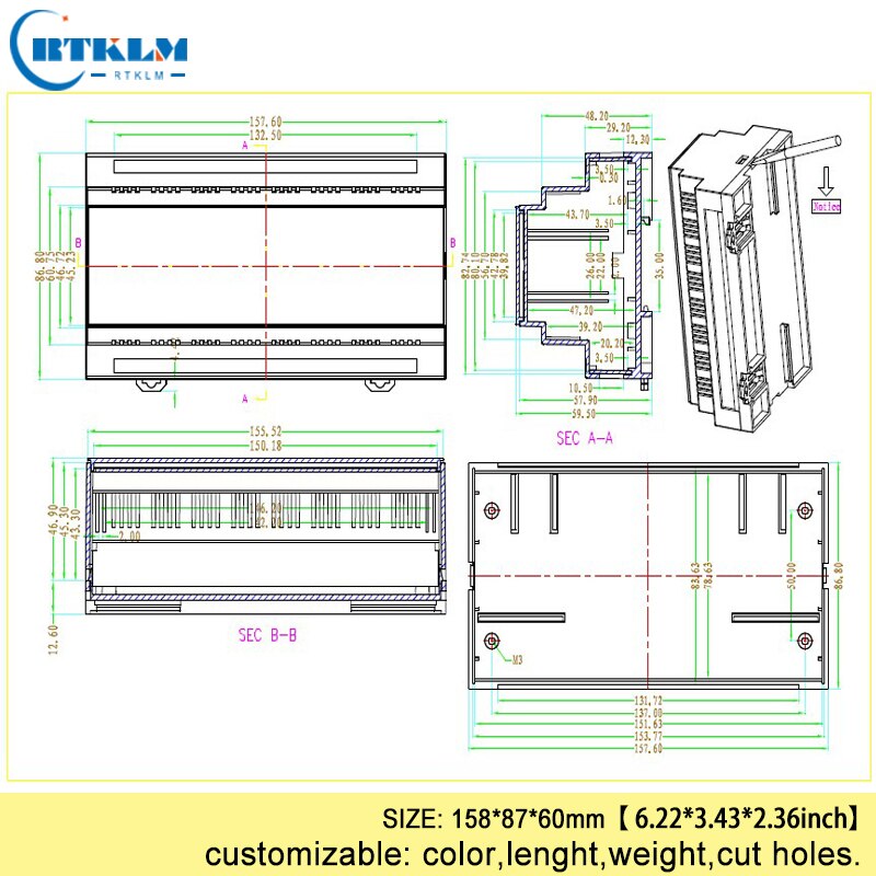 plastic din rail enclosure abs boxes for electronic projects circuit housing junction box 158*87*60mm