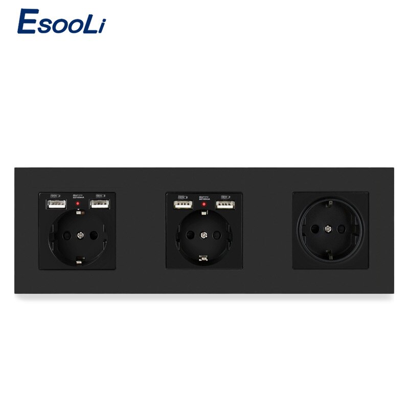 Esooli Muur 16A Eu Standaard Multi Way Stopcontact Plug Geaard Stopcontact Met Usb Pc Plastic Outlet Strip Socket: 258 Black Socket