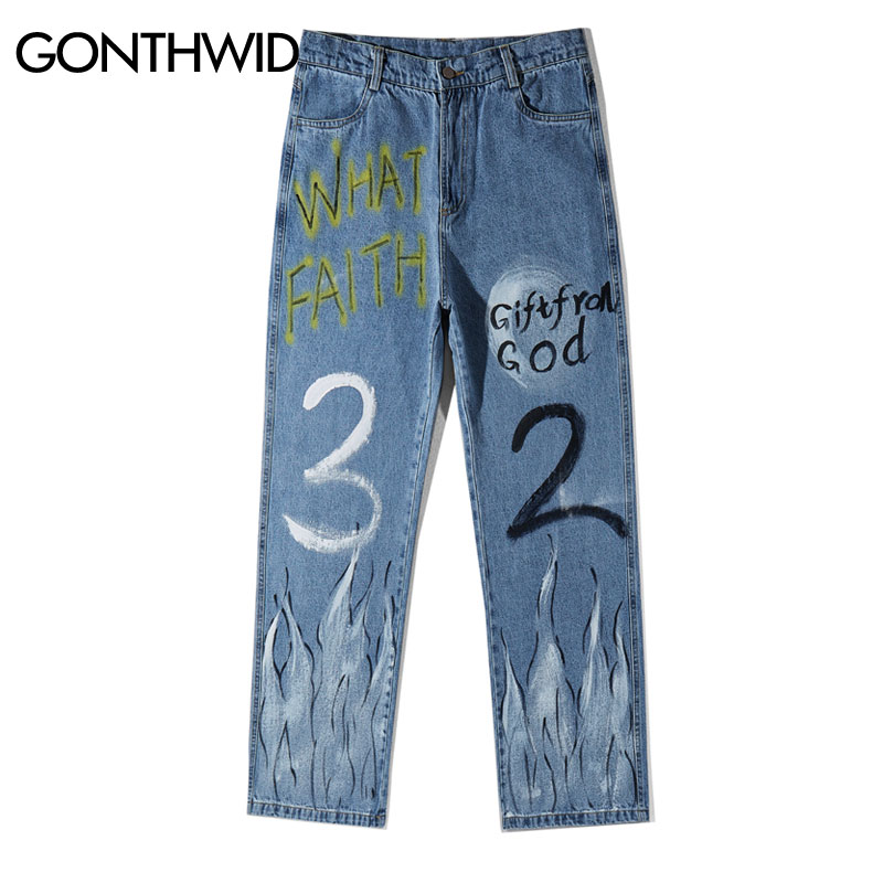 Gonthwid graffiti brand flamme print casual baggy denim jeans hip hop hipster streetwear bukser mænd punk rock bukser mand