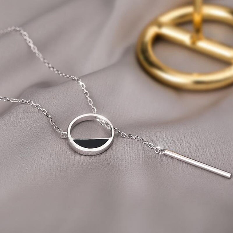 ANENJERY 925 Sterling Silver Black Round Necklace for Women Tassel Sweater Chain Fine Handmade Jewelry S-N304