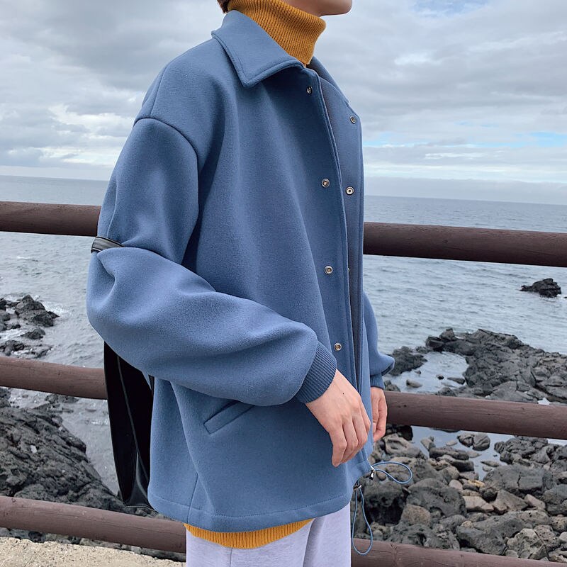 Vinter kort yllerock herr slimmade enfärgade casual yllejackor herr streetwear vild koreansk stil yllerock herr: Himmelsblå / L
