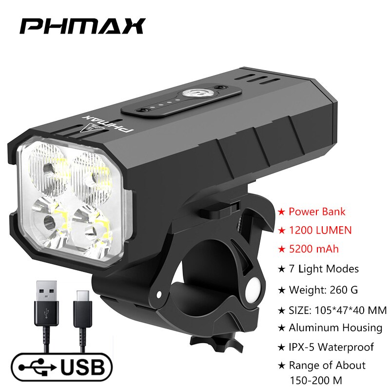 PHMAX Fahrrad Licht 2000 Lumen Scheinwerfer Regendicht Fahrrad Taschenlampe Vorderseite Lampe MTB Straße USB Ladung Rücklicht Fahrrad Laterne