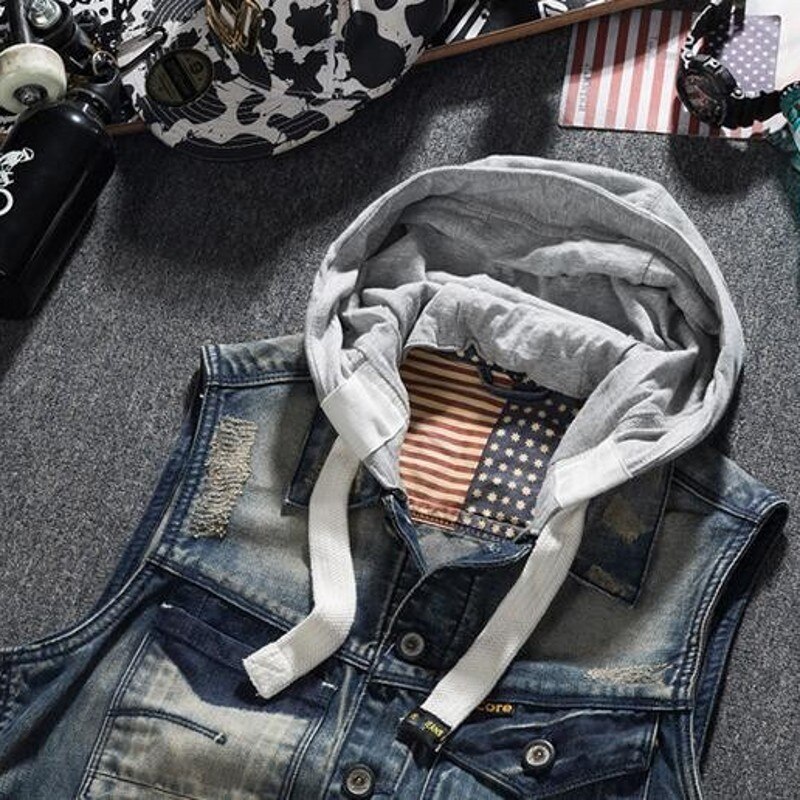 Spring Autumn Mens Hat Detachable Denim Waistcoats Vintage Printed Single Breasted Slim Plus Size Male Sleeveless Vests