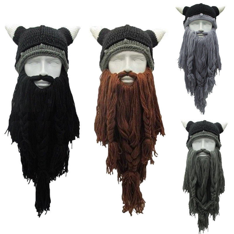Rolig galen halloween cosplay män stickad viking skägg horn hatt skidmask keps barbar vagagond cool mössa vinter varm unisex hatt