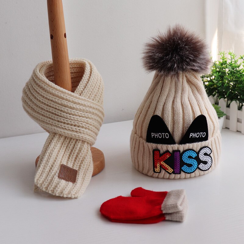 Conjunto de tres piezas de guantes para sombrero y bufanda para niños y niñas, en otoño e invierno, precioso gorro de lana tejido y bufandas cálidas
