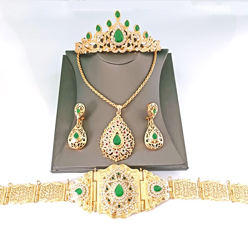 Set di gioielli da sposa arabi, catena in vita dorata, orecchini, collane, Set di copricapo da donna con catena in vita marocchina