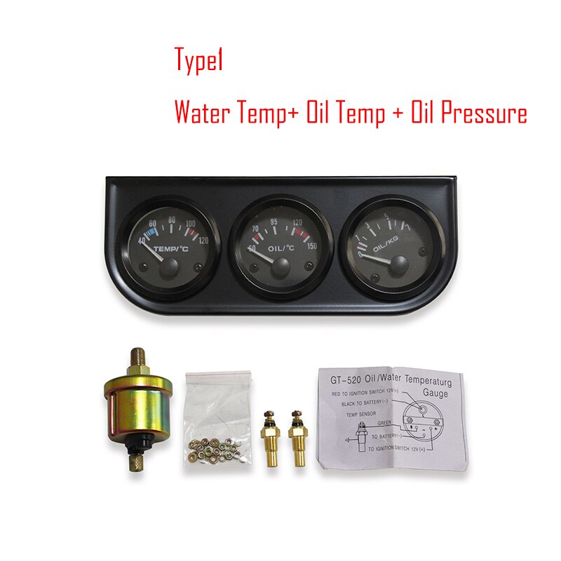 52mm Triple kit Oil Temp Gauge + Water Temp Gauge + Oil Pressure Gauge with Sensor 3in1 Car Meter +Volt meter: army green