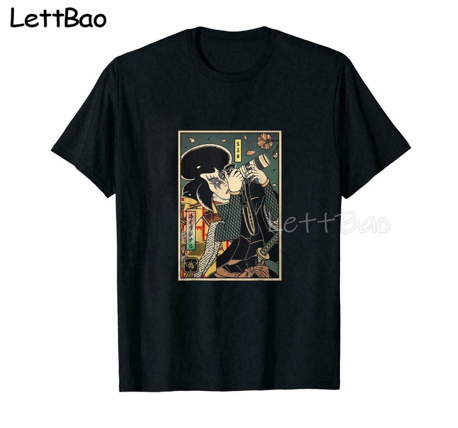 Samurai Cosplays A Photographer Japanese Warrior T-shirt Vintage Large Size T Shirt Japanese&#39;s Casual Oversized Men T-shirt: BK / XL
