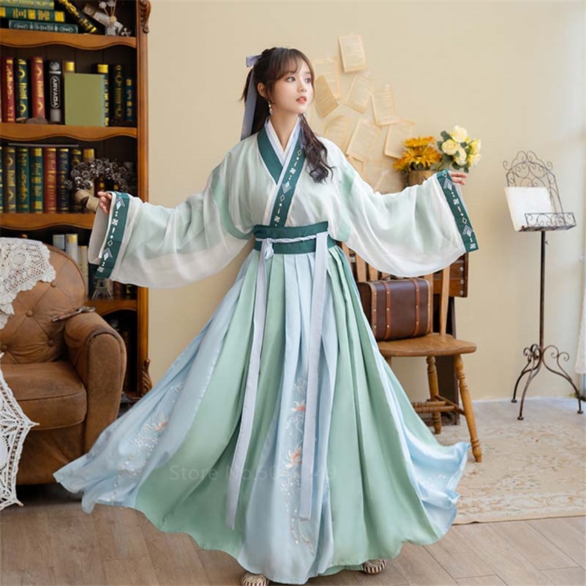 Chinese Ancient Traditional Hanfu Women Bandage Embroidery Print Fairy Dress Autumn Long Sleeve Performance Costume