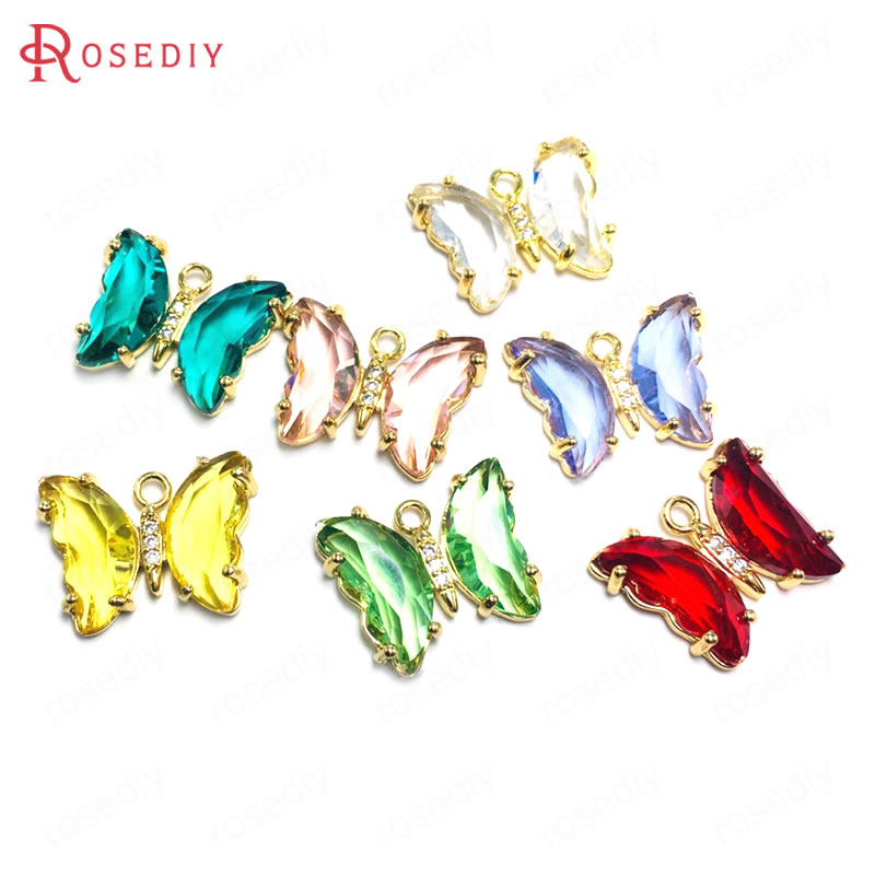 Breloques papillon en laiton, Zircon et verre, 15x20MM 24K, couleur Champagne or, pendentifs, fournitures pour la fabrication de bijoux, résultats de bricolage, 10 pièces