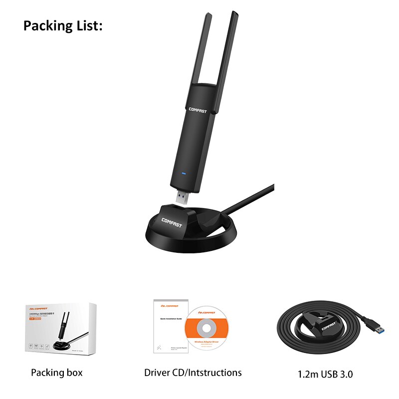 Comfast usb wifi-adapter 1900 mbps 2.4 ghz & 5.8 ghz dual-band wifi-dongle plug-and-play ac-netwerkkaart usb wifi-antenne cf --939ac: Default Title