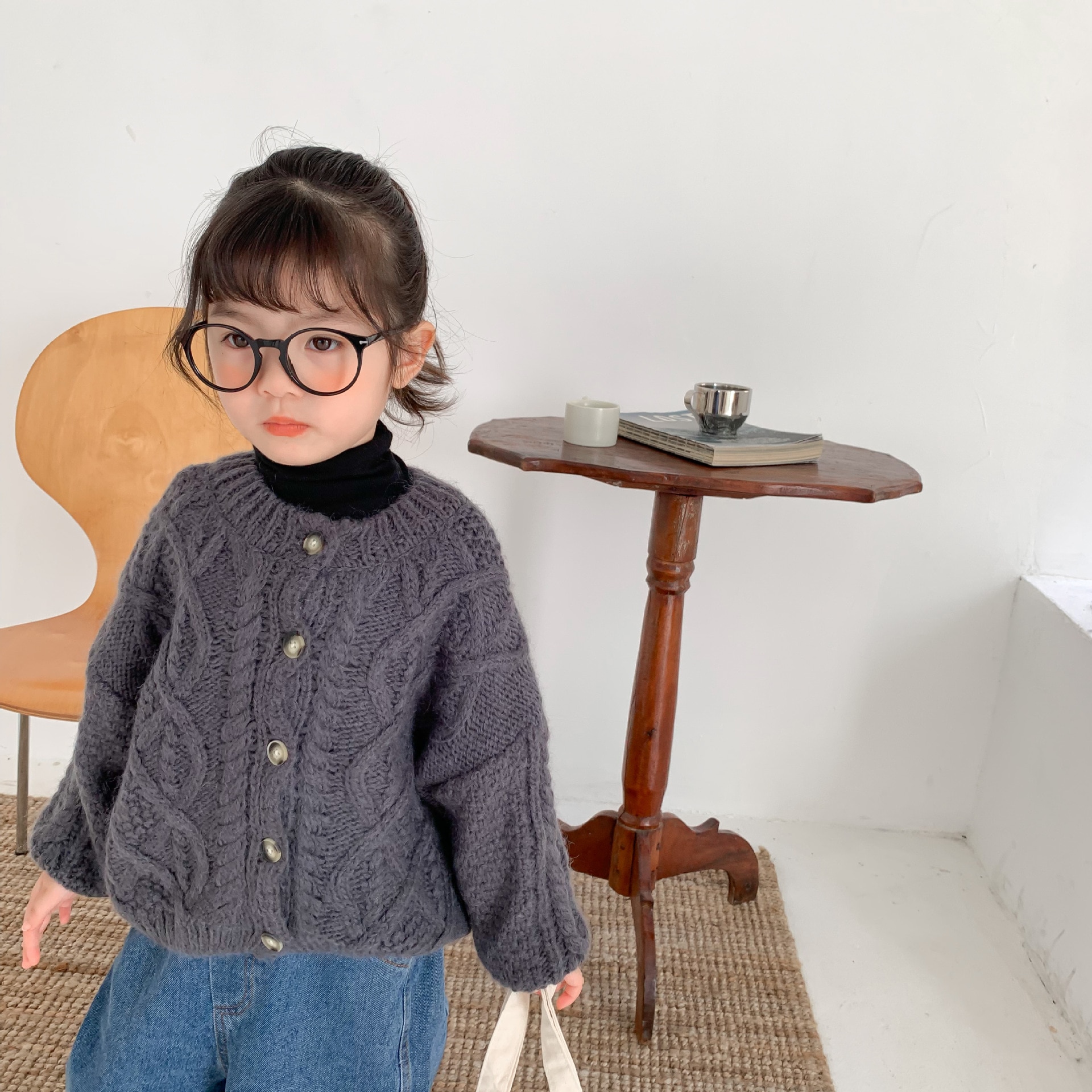 Efterår piger striktrøjer børn casual cardigans børn sweatere: Mørkegrå / 6