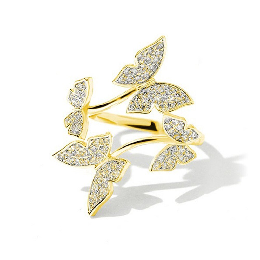 Luxo borboleta aberto anéis ajustáveis para mulher completa cristal anéis de casamento rosa ouro moda dedo anel de noivado feminino: Gold