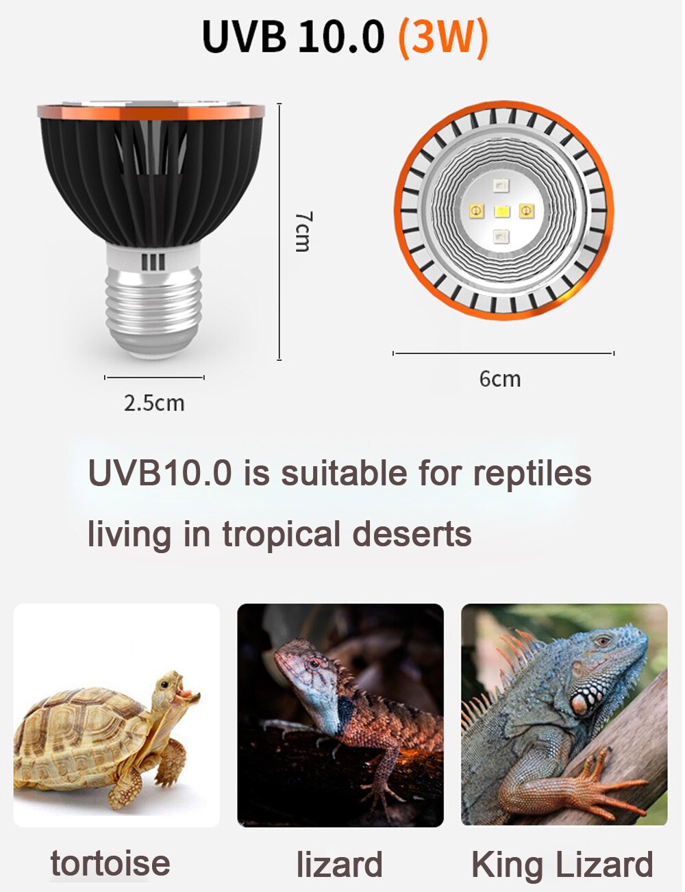 3w reptil lampa uva uvb 5.0 uvb 10.0 lmap led glödlampa sköldpadda sköldpadda ödla solar solljus uvb glödlampa belysning: Uvb 10.0