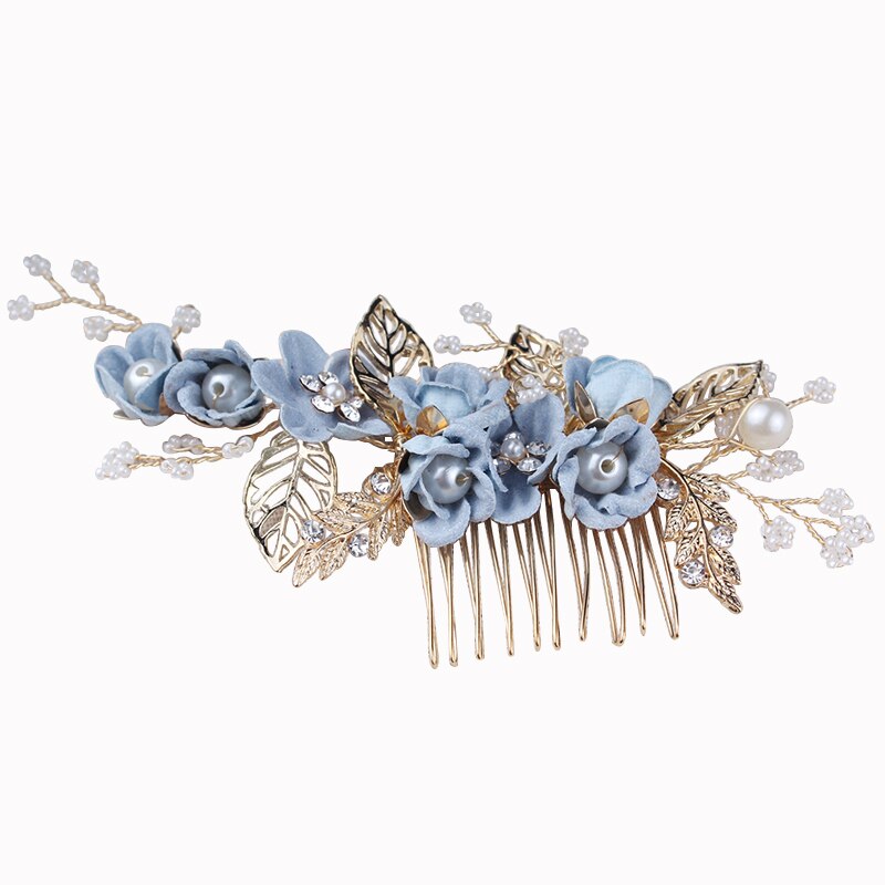 Perle Del Fiore di Cerimonia Nuziale Dei Capelli Pettini Accessori Per Capelli Oro Foglie di Spilli Sposa Damigella D'onore Capelli Ornamenti Dei Capelli Dei Monili Dei Capelli Hairwear: blue 1