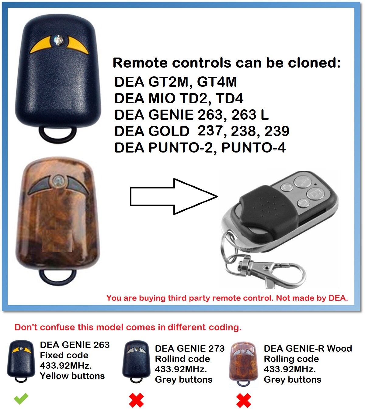 DEA GENIE 263, 263 L 4-Channel 433.92MHz fixed code Universal Remote Control duplicator