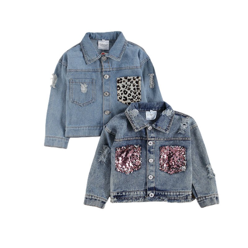 Spring Autumn Infant Kids Baby Girls Coat Sequin Leopard Ripped Hole Patchwork Jackets Tops Clothes 1-6Y