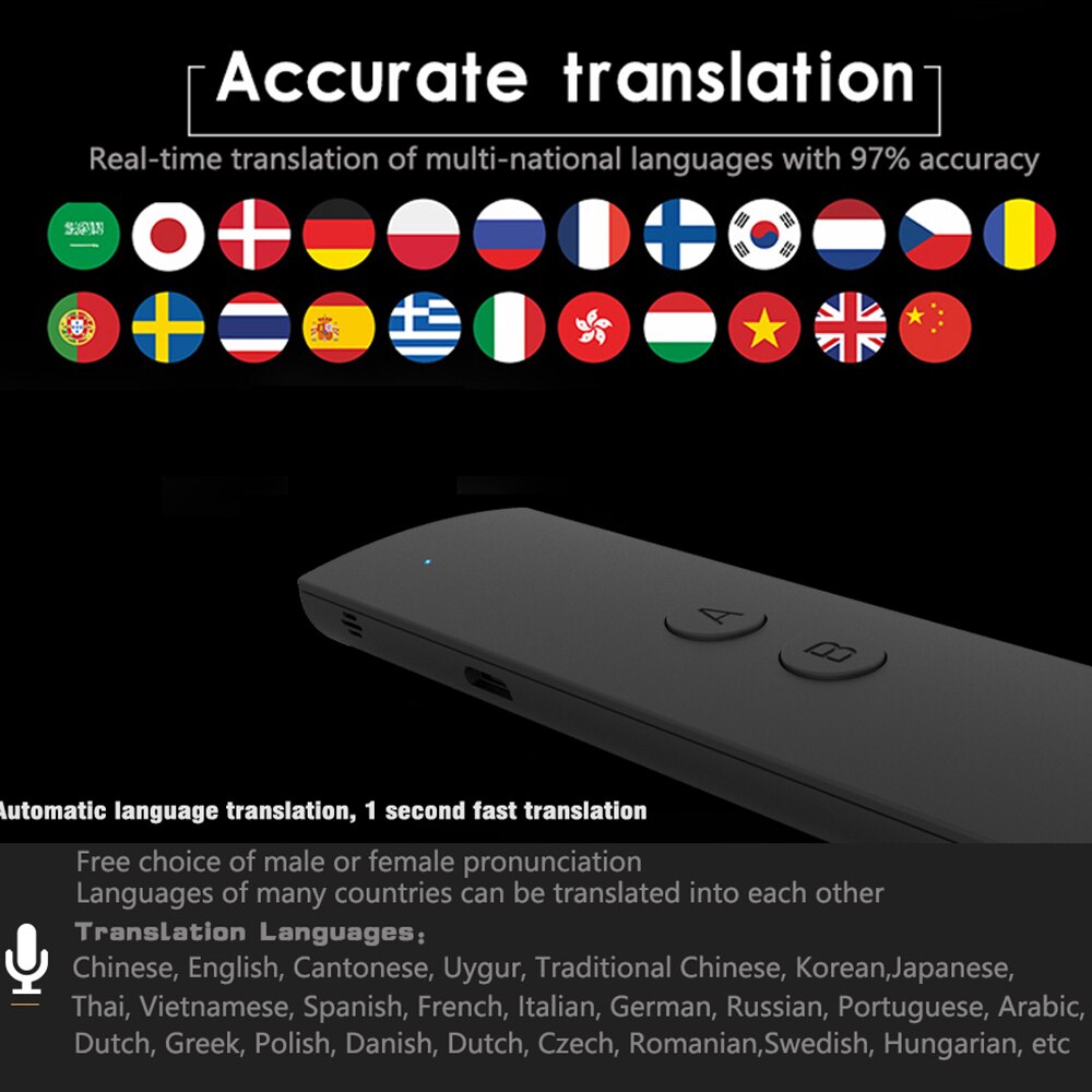 T6 Intelligent Translator Voice Speech Interpreter Bluetooth 4.2 Two-way Real-time Translators 38 Languages for Learning Travel