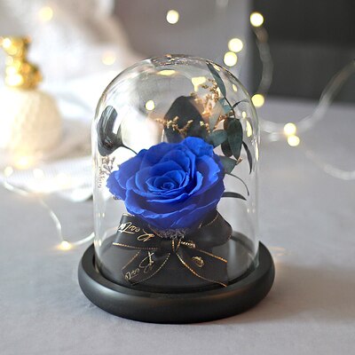 Preserved Flower Rose Glass In A Dome Dried Flower Bouquet For Valentine's Day Girlfriends Birthday Wedding: Blue rose
