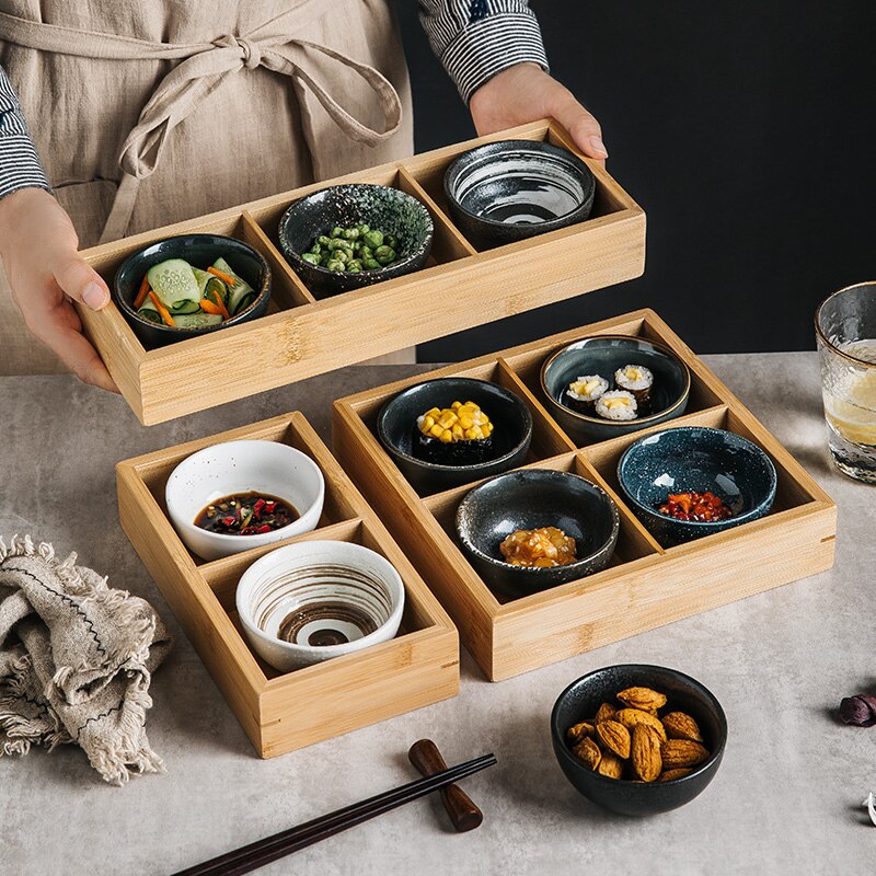 Japanese Style Nine Grid Plate Pot Tableware Barbecue Restaurant Bamboo and Wood Grid Plate Dishes Sushi Sauce Bowl