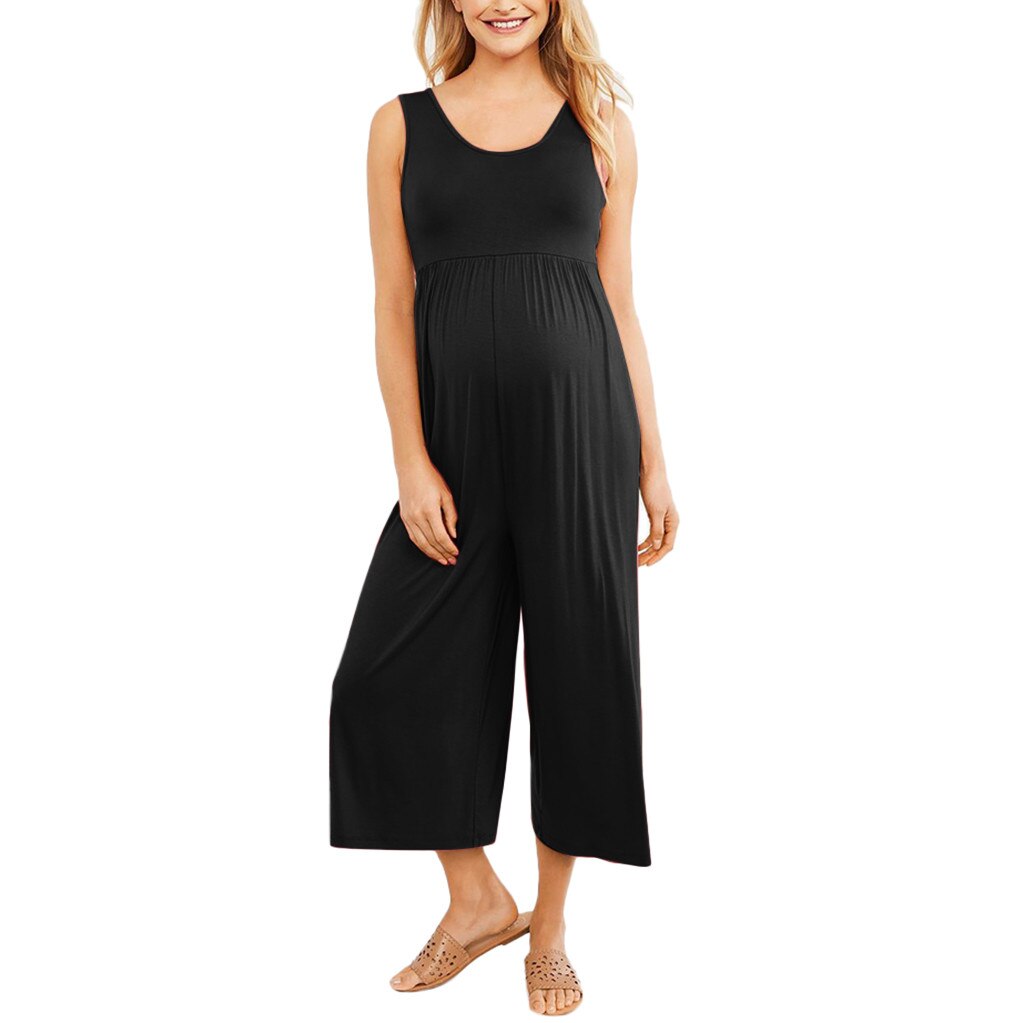 Women's Maternity Jumpsuit - Sleeveless Wide Leg Romper With Adjustable Straps, Pockets, And Belt - View #2