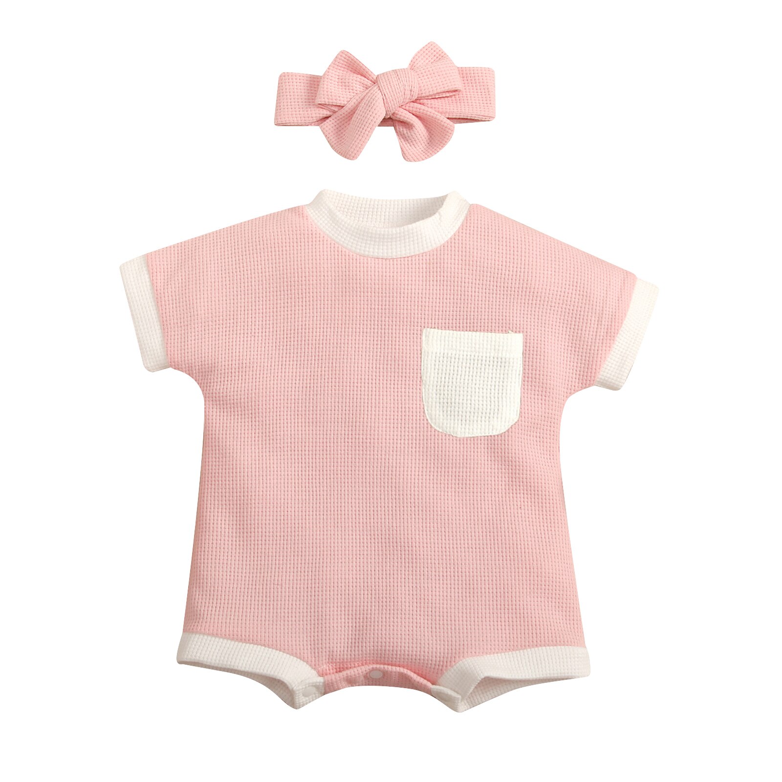 2022 Summer Cute Infant Baby Girls Boys Romper Outfits Patchwork Waffle Short Sleeve Jumpsuit Playsuit+Bowknot Headband Set: Roze / 12m