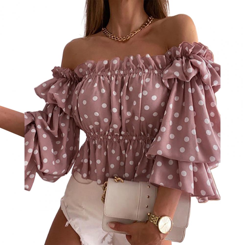 Sexet sommertop med flare-ærmer og off-shoulder-fløjlsskjorte med blomsterprint og let skjorte til hverdagsbrug: L / Lyserød