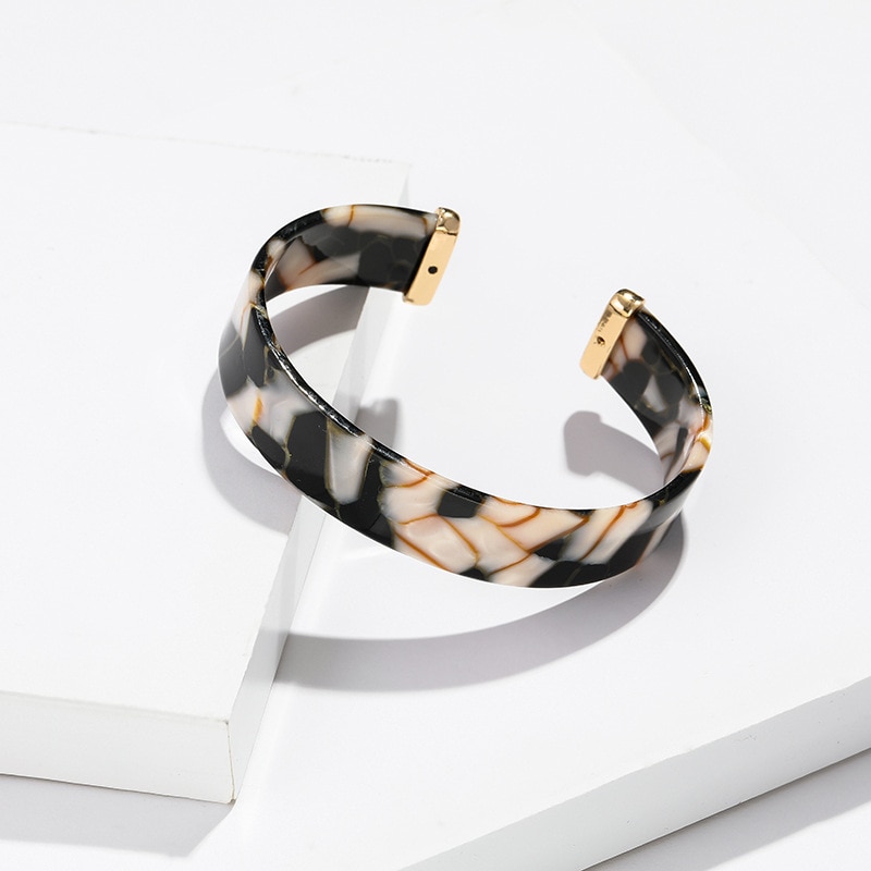 Nova pulseira tortoiseshell liga acetato folha leopardo abertura c em forma de pulseira feminina moda boêmio floral acrílico pulseira: Black