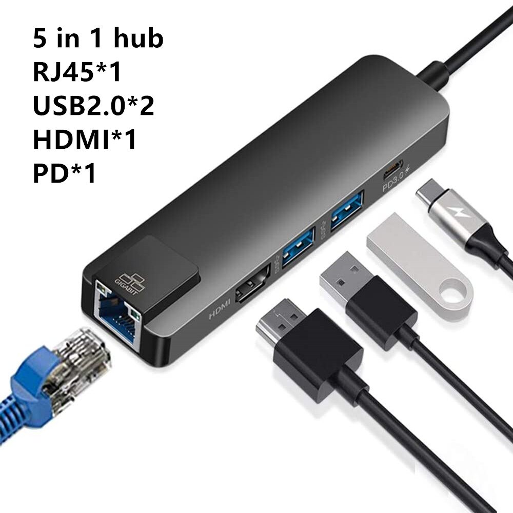 Usb Type C Hub Type-C Naar Hdmi-Compatibel 4K Vga Adapter RJ45 Lan Ethernet Sd Tf USB-C 3.0 Type C Video Voor Macbook Pro Otg: 5 in 1 hub