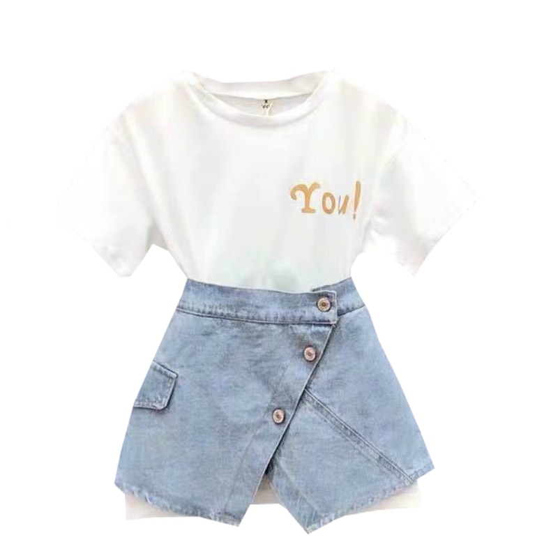 Girls Clothing Set Letter T-shirt Denim Skirt 2pcs Kids Clothes for Girl 3 4 6 7 9 10 11 12 Year Toddler Teen Children Suits