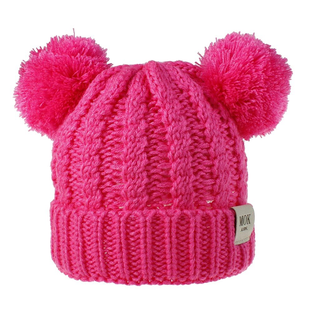 1pcs Kids Winter Hat Double Pom Pom Hat Baby Boy Girls Knitted Fleece Beane Hat Child Winter Soft Warm Ear Cap Pink Yellow