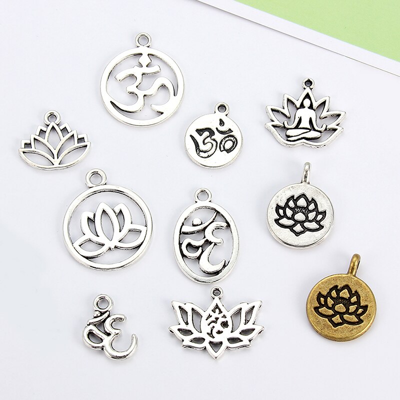 10pcs/lot Mix Styles Tibetan Silver Lotus Flower Yoga OM Charm Pendants Jewelry Accessories Bracelet Jewelry Findings DIY