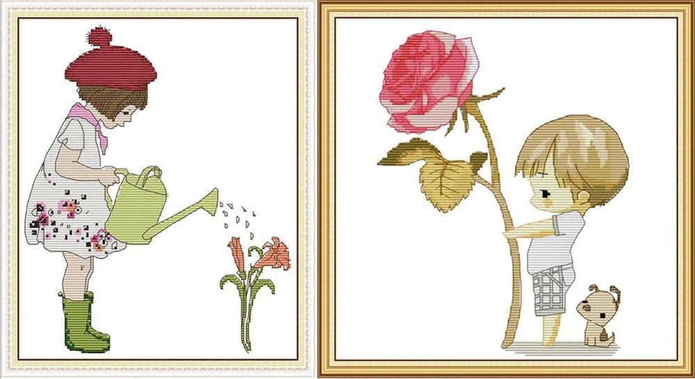 Glæde søndag barn og blomster  ra333 ra335 talte og stemplede boligindretning pige vander blomster dreng og rose korsstingssæt: Ra333 ra 335 / 14ct stemplet produkt