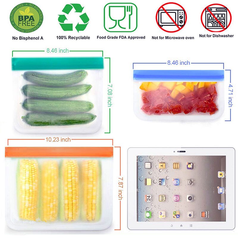 BEEMAN 15pcs Silicone Food Bag Frosted PEVA Reusable Food Storage Bag Top Leak-Proof Food Freezer Bag Kitchen Fresh-Keeping Bag