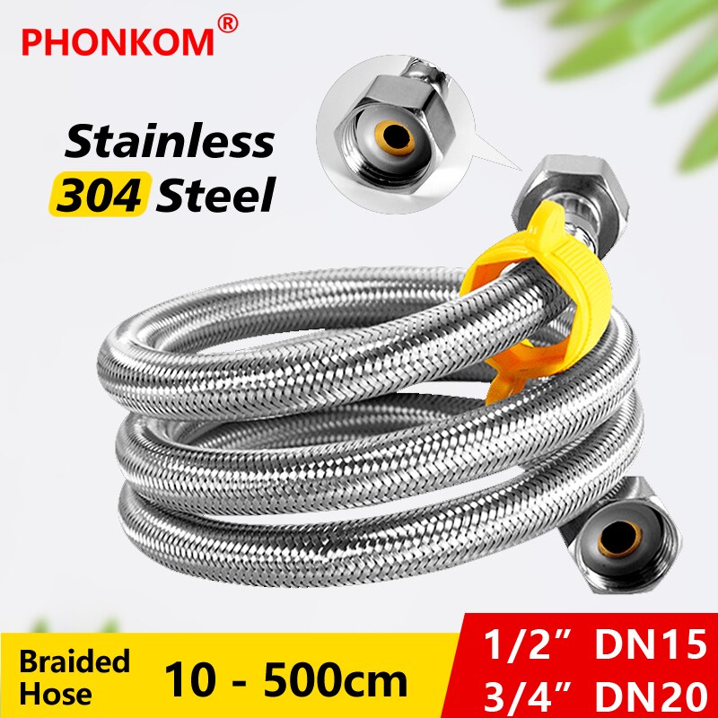 Línea de manguera trenzada de acero inoxidable, Conector de grifo Flexible para calentador de baño, 1/2 pulgadas, DN15, DN20, 3/4, rosca de 10-500cm de longitud