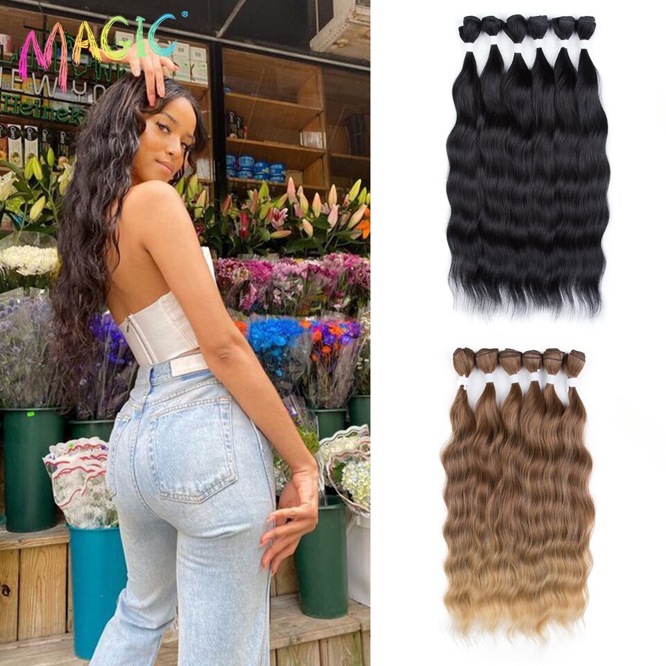 Magic Synthetic Hair 6PCS 20inches Nature Wave Hair Bundles Black Color Extensions Heat Resistant Strands of Hair Tresses