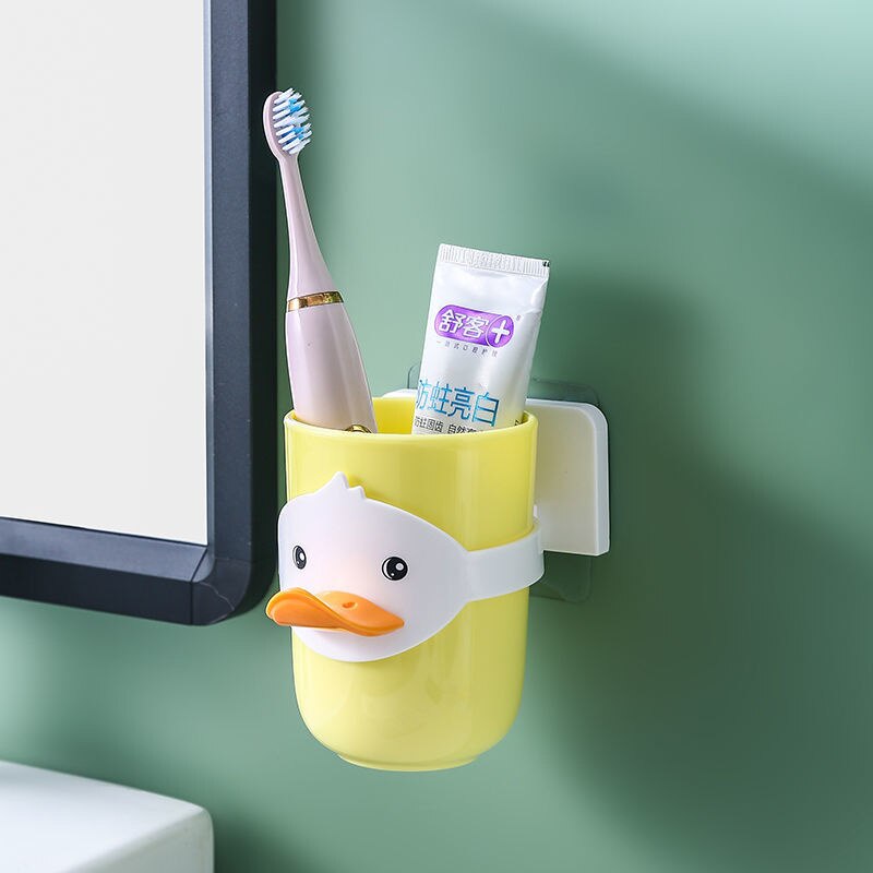 Porte-brosse à dents pour enfants, joli porte-brosse à dents , ensemble de lavage mural Non perforé, tasse de lavage dentaire: Duckling yellow
