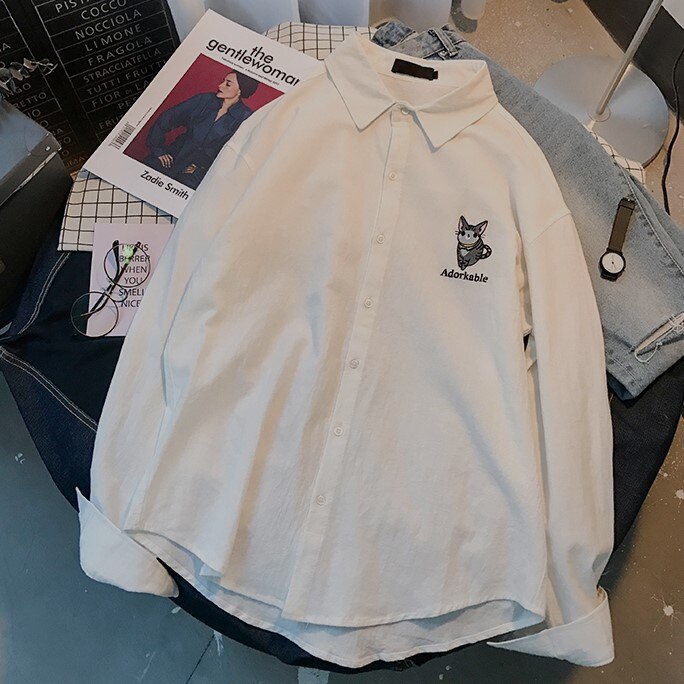 Long Sleeve Shirts Men Casual Japanese Style Shirt Mens Blouse Embroidered Pink Plus Size Students Clothes Aesthetic Blouses: White / M