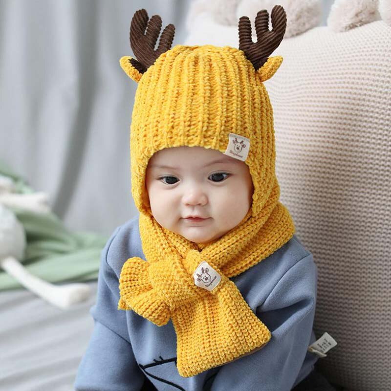 Doitbest 8 months to 3 Years kids Beanie little deer kid boys Knit hats winter 2 pcs fur baby girls winter hat and scarf: Yellow