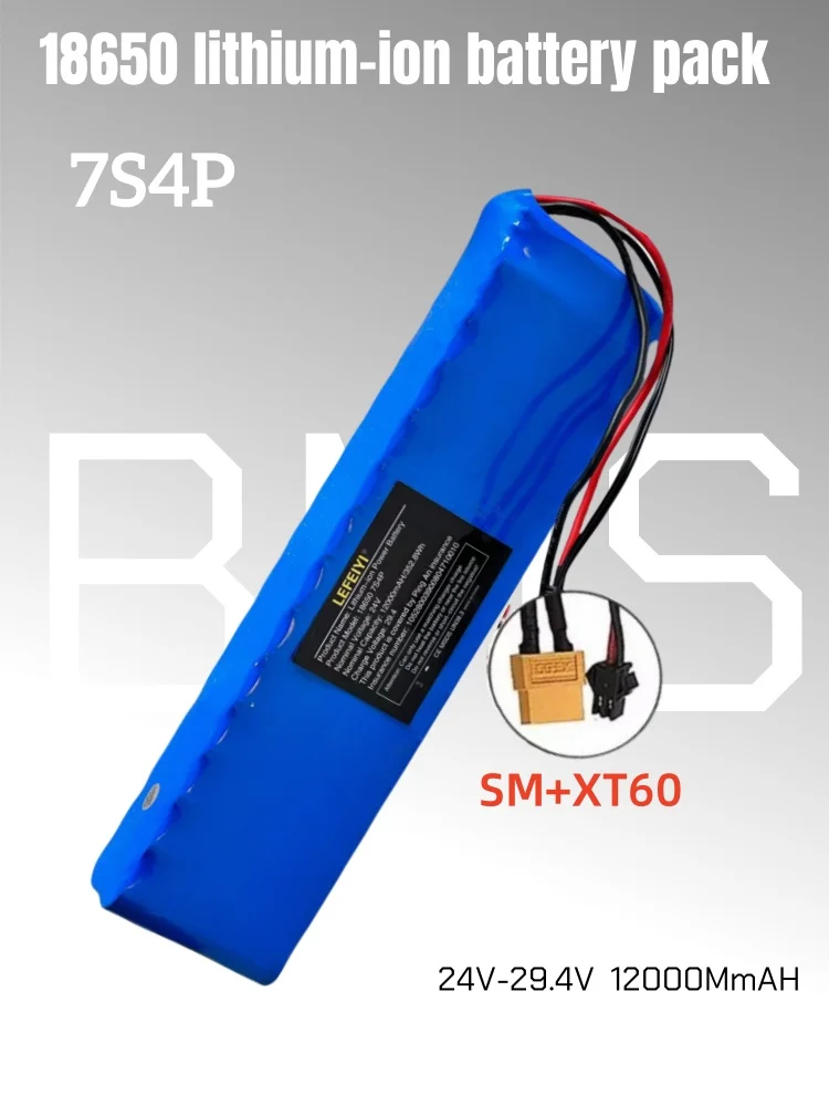 24 V 12000 mAh 18650 7S4P Li-Ionen-Akku 25,2 V, geeignet für den Batteriewechsel von 29,4 V Elektrorollern: HIMMELBLAU