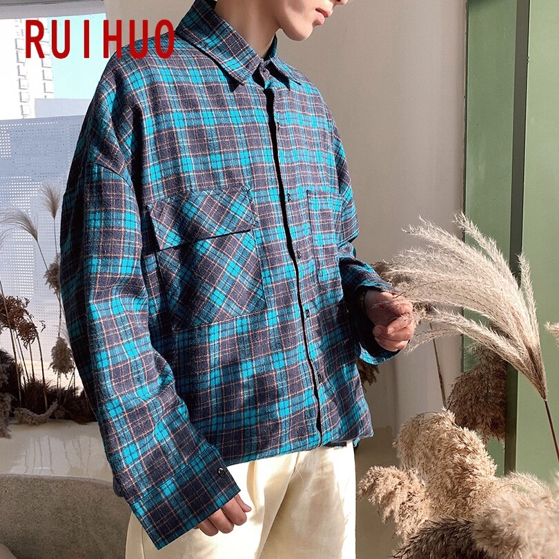 Ruihuo plaid mænd casual skjorter til mænd stor størrelse langærmet skjorte herre tøj slim fit m -2xl