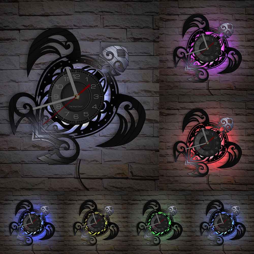 Sea Turtle Wall Clock Mechanical Steampunk Turtle Vinyl Record Wall Clock Sea Animal Decorative Clock Vintage Animal Decor: With LED