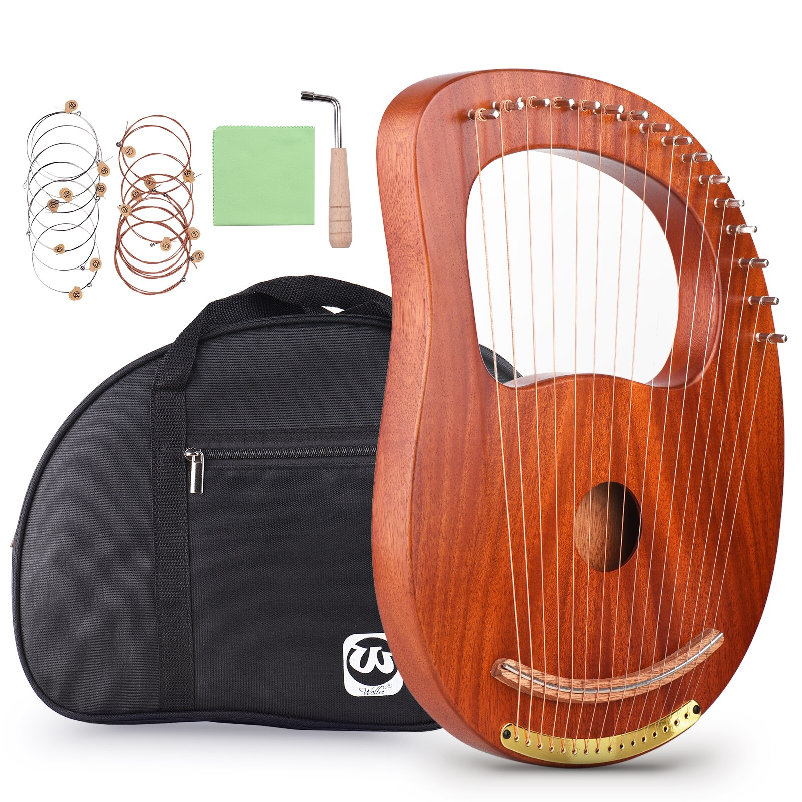 ammoon 16-String Wooden Lyre Harp Metal Strings Wood String Instrument with Carry Bag Tuning Wrench Cleaning Spare Strings Cloth: Style 2